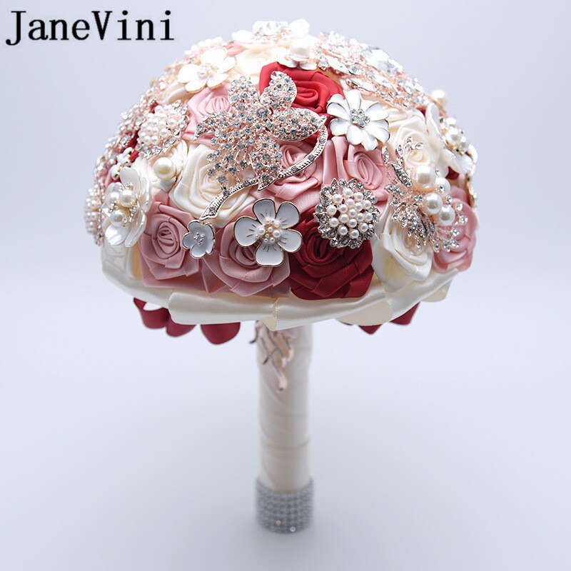 JaneVini Bride Wedding Bouquet Pearls Crystal Beaded Pink Flowers Satin Luxury Artificial Bridal Flower Bouquets boeket bruiloft