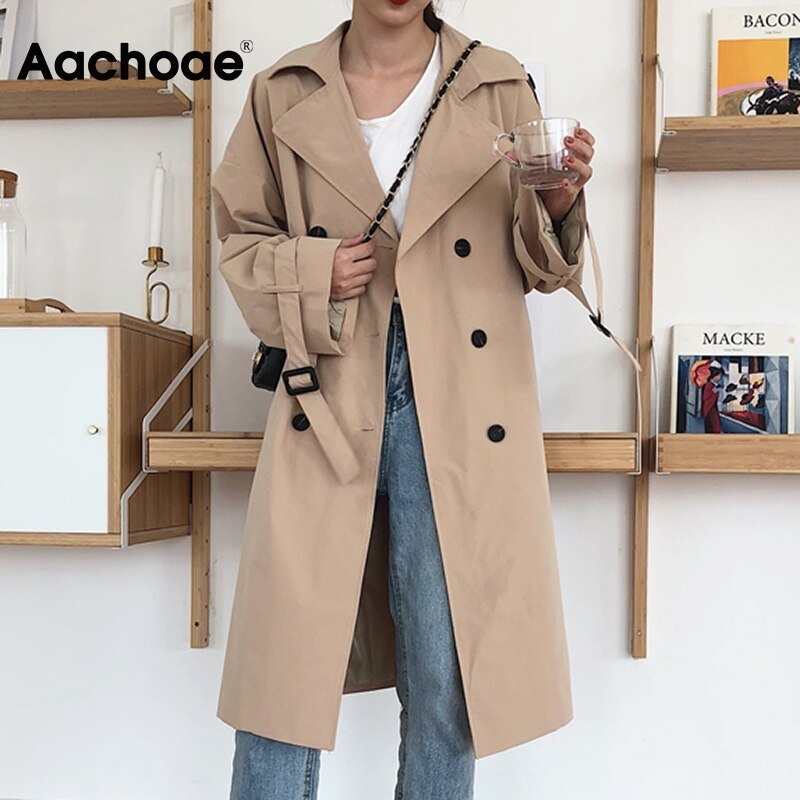 Aachoae Office Solid Trench Coat Women Batwing Long Sleeve Loose Lady Long Coat With Belt Casual Wide Waisted Trench