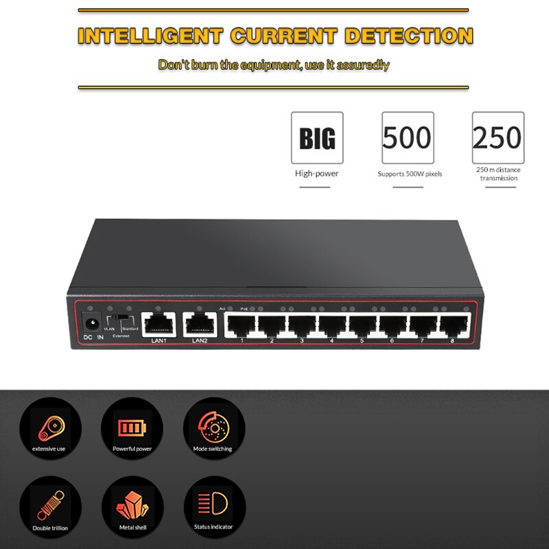 10 puertos 2 + 8 PoE Switch inyector de red Ethernet con 10/100Mbps puertos adecuados para cámara IP/inalámbrico AP/CCTV