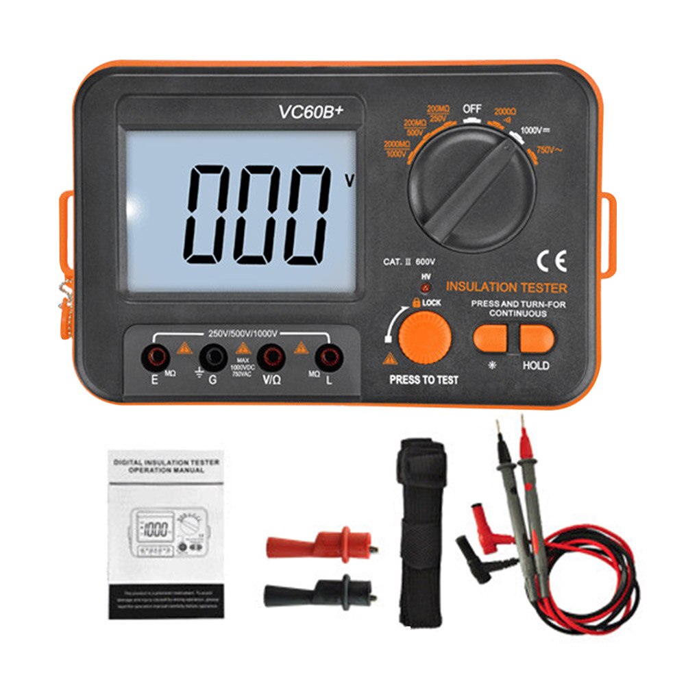 With Test Lead DCV ACV Meter Digital Display Insulation Resistance Tester Plastic Backlight Megohmmeter Easy Read