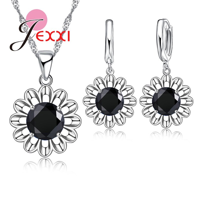 Zonnebloem Eeuwige Liefde 925 Sterling Zilveren Sieraden Set Voor Bruiloft Crystal Maxi Ketting Oorbellen Set Voor Vrouwen Bijoux: Black