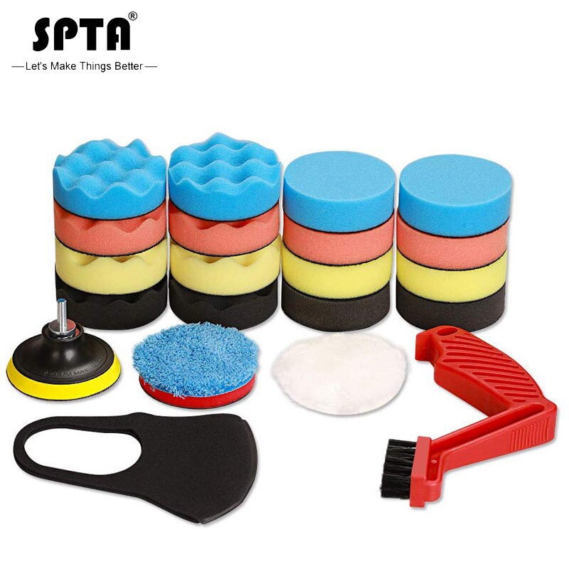 SPTA 22pcs Car Foam Drill Polishing Pad Kit,3inch Polishing Pads 16pcs Buffing Pads,Wool Pads,Multifunctional Cleaning Brush