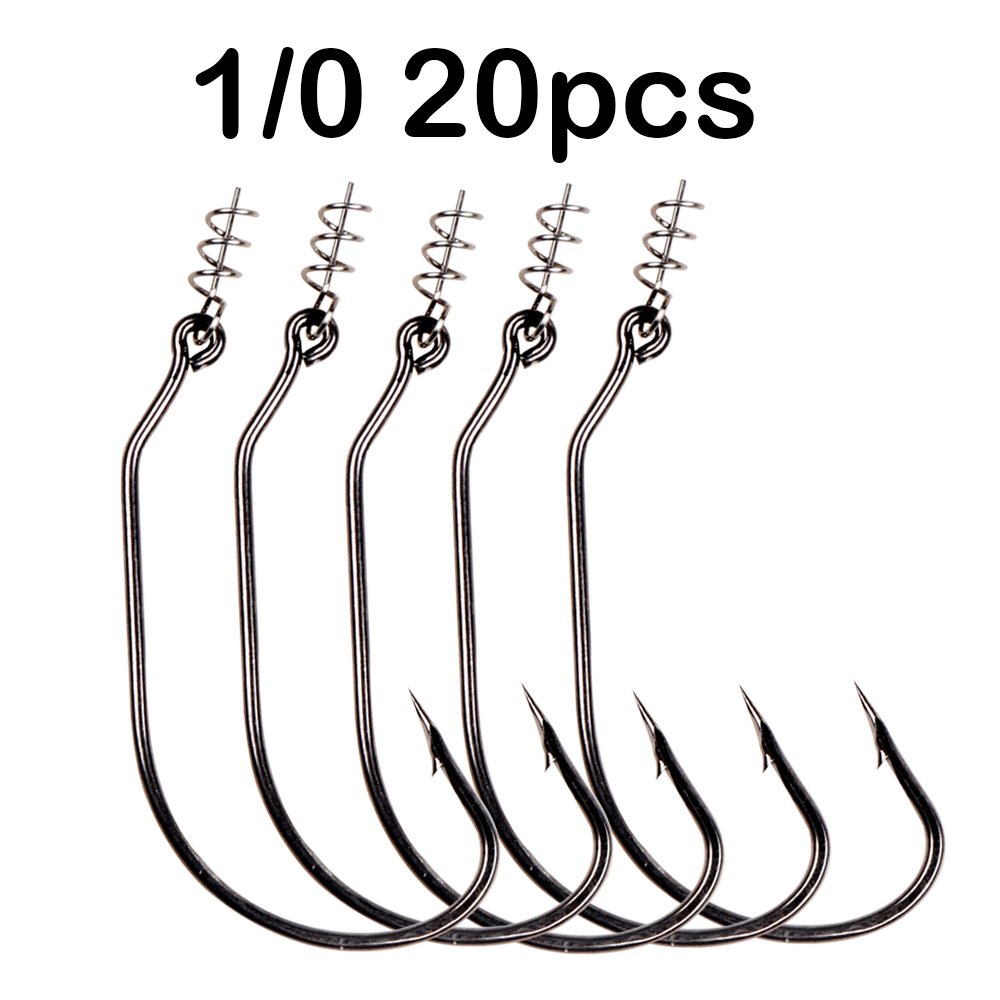 JOHNCOO 20pcs Twist Lock Fishing Hooks Worm Hooks Kit with Centering Pin for Soft Lure Baits 5 Sizes: A