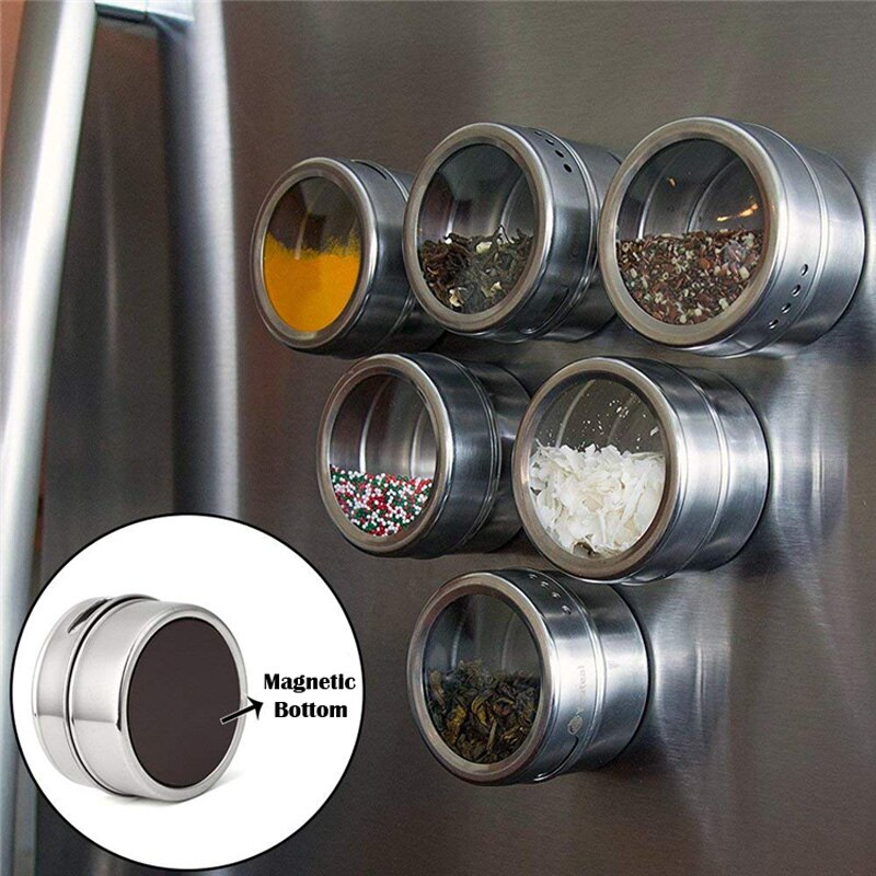 Magnetic Stainless Steel Spice Jars Tins Set with Clear Lid Labels Sticker Seasoning Pepper Spice Storage Container Jars