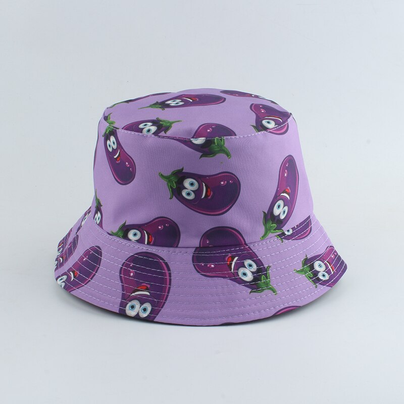 Aubergine tomat gurka peppar tryck fiskare hatt sommar solhattar för män kvinnor utomhus casual vändbar hink hatt: Aubergine lila
