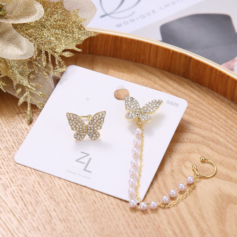 VKME Korean Crystal Butterfly Pearl Chain Stud Earrings For Women Clip On Earring Metal Cuff Earings Jewelry