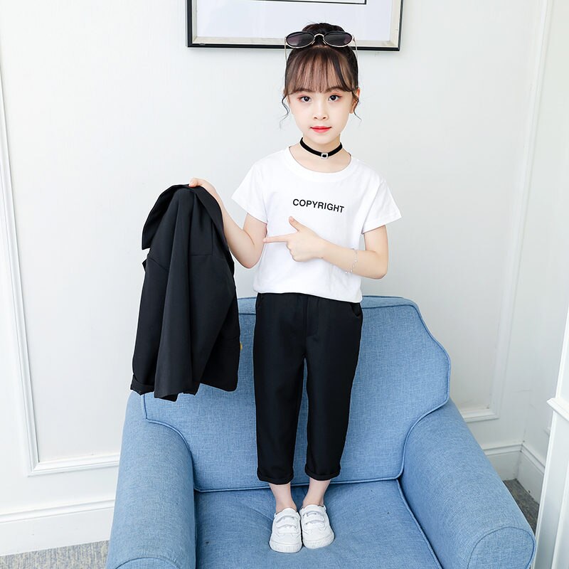 Blazer 3 pièces pour filles, costume de mariage formel pour enfants, veste + pantalon + t-shirt, pour la maison