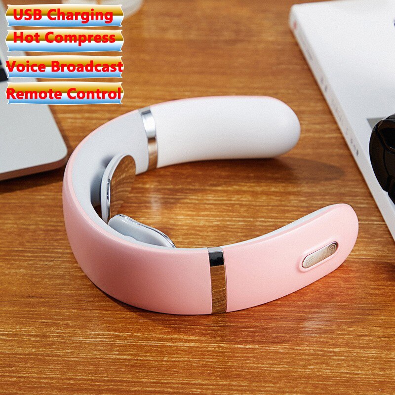 Smart Electric Neck Massager Heating Pulse Cervical Massage Remote Control Voice Broadcast Neck Pain Relief Relaxation Tool: Type 4 pink
