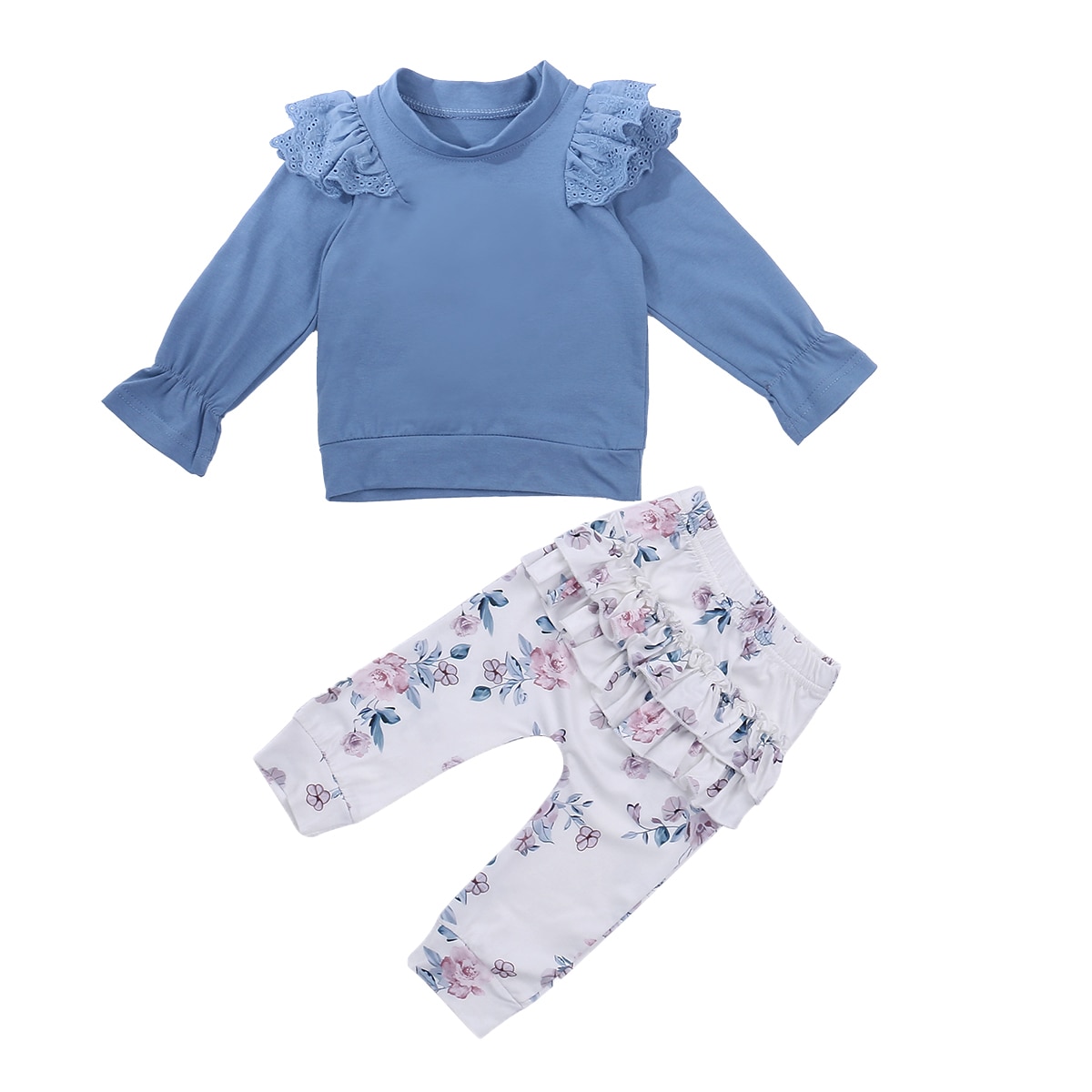 1-4 år baby jenter 2 stk spedbarn volanger antrekk, smålåve langermet rund hals ensfarget genser + blomsterbukser