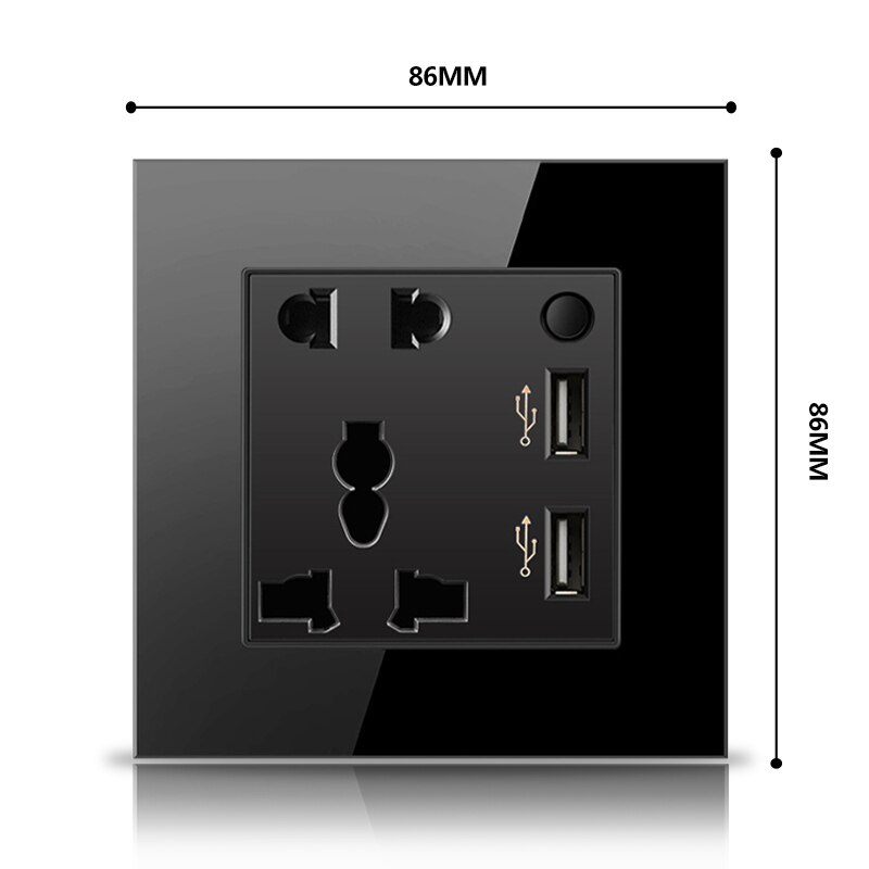 G11 13A universal 5-hole 2usb socket with one switch toughened glass panel wall socket grounding household power socket home dec: black