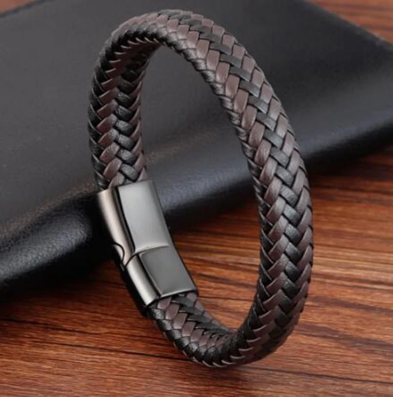 Fashionable and Simple Red Braided Leather Rope Bracelet Black Magnetic Buckle Bracelet for Men: Rust Red
