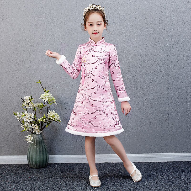 Hiver fleur fille robe pour mariage demoiselle d'honneur fête chinois Cheongsam robe fille fête d'anniversaire exécutant eucharistie robe: pink / 150