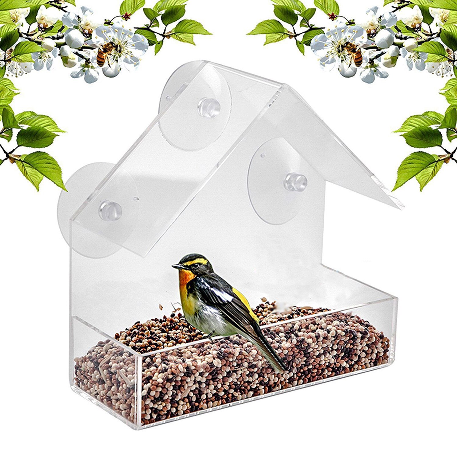 Window Birds Feeder Weather Proof House Shape Clear Acrylic Feeder with 3 Sucker for Outdoors Songbird YE
