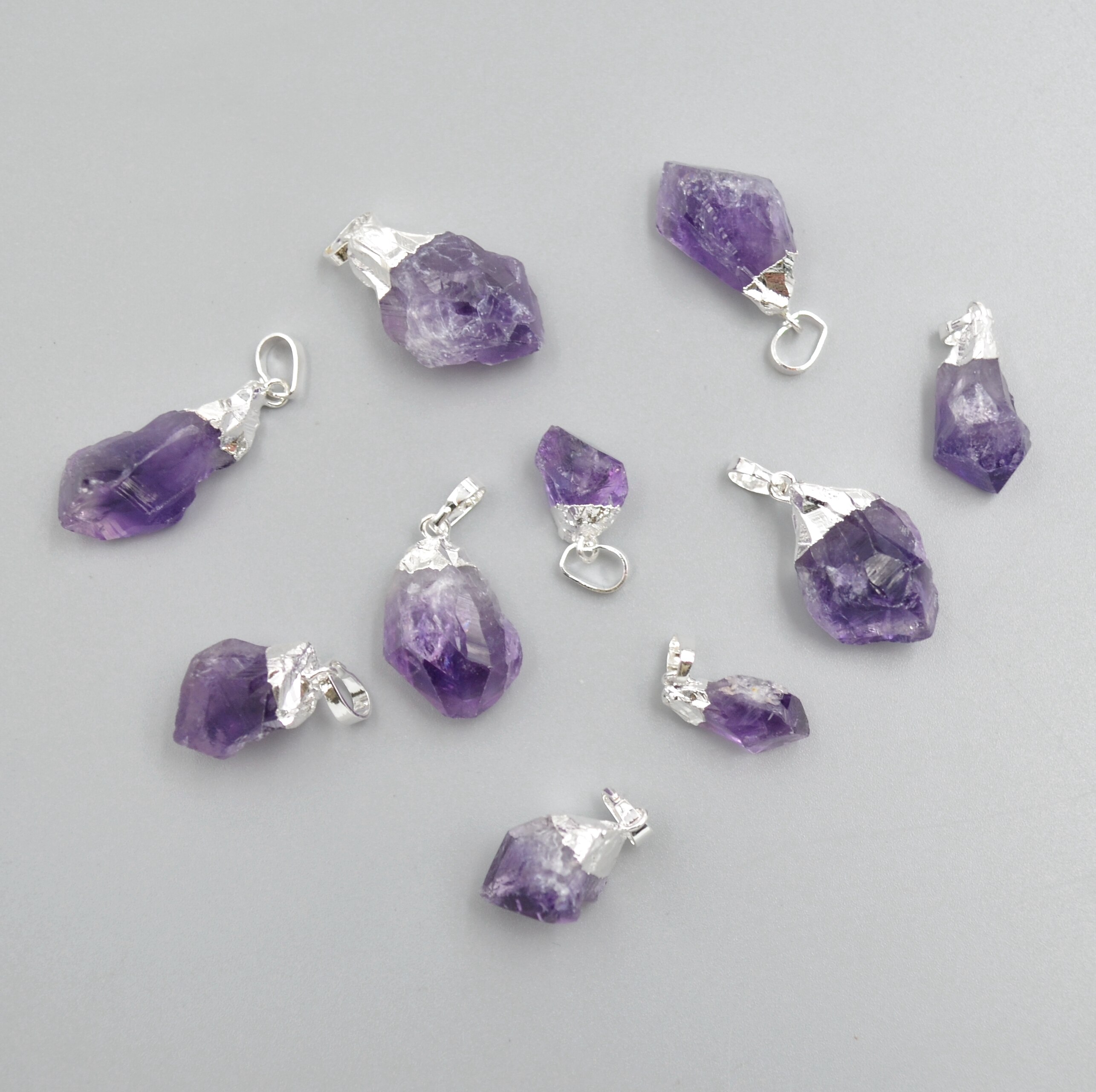 Amethysts agates pendants with silvery electroplated ,purple crystral quartz charms