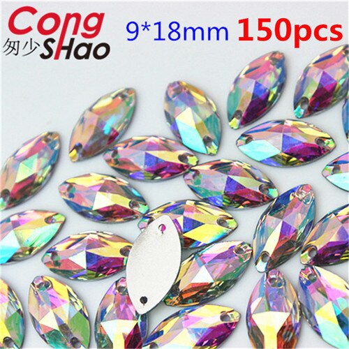 Cong Shao mischen 10 Größe bilden Kristalle AB Strass trimmen Flache Zurück näHenne 2 See Steine Harz Perlen Für DIY hochzeit Kleid YB668: 9x18mm 150Stck