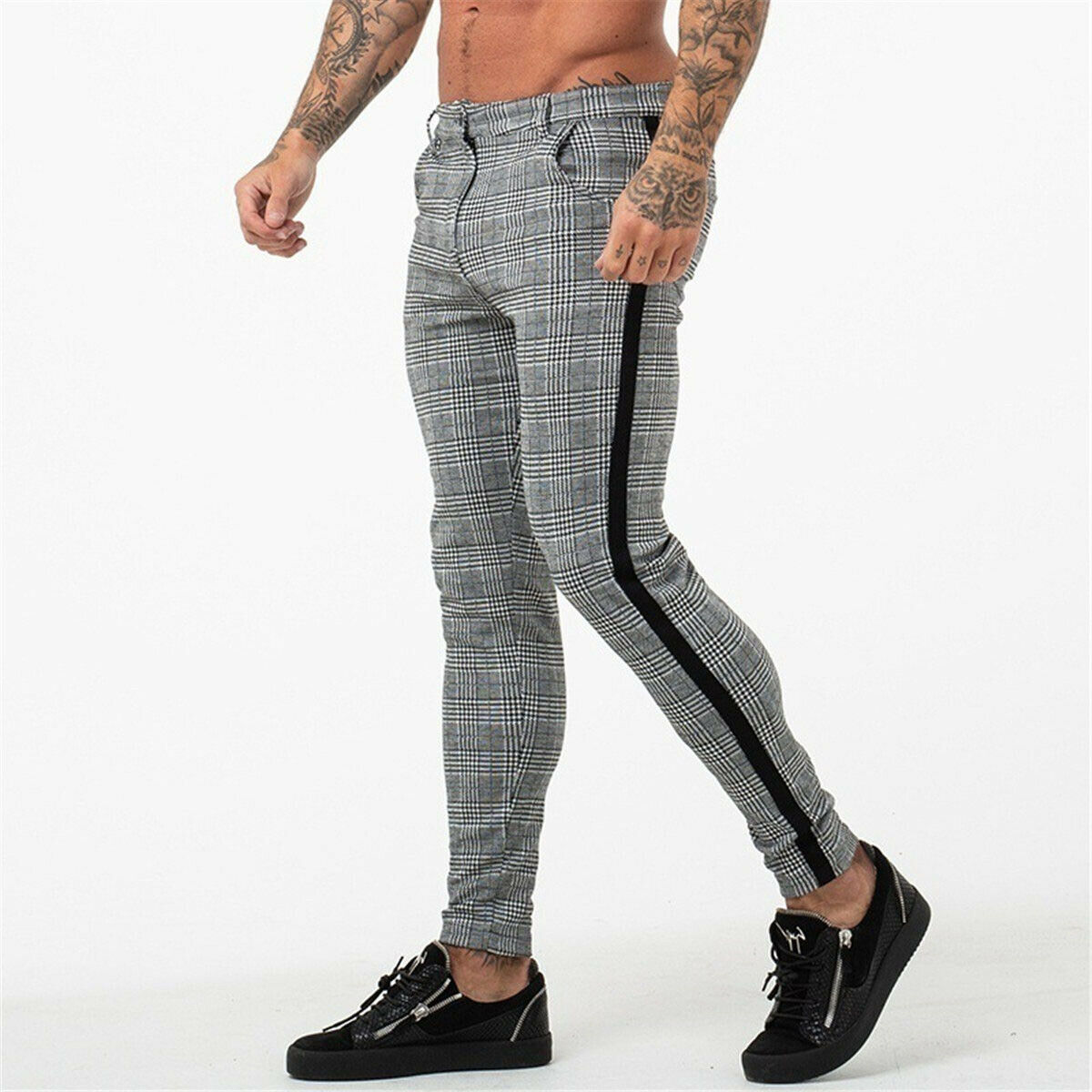 Mens Slim Fit Trousers Trainning & Exercise Pants Check Casual Pants Joggers Tartan Jogging Skinny Bottoms: XL / Black