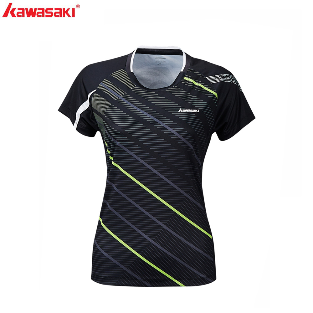 Kawasaki ropa de bádminton ropa deportiva camisas para mujer cuello redondo transpirable Color brillante Camiseta deportiva de bádminton ST-T2122: Black / XL