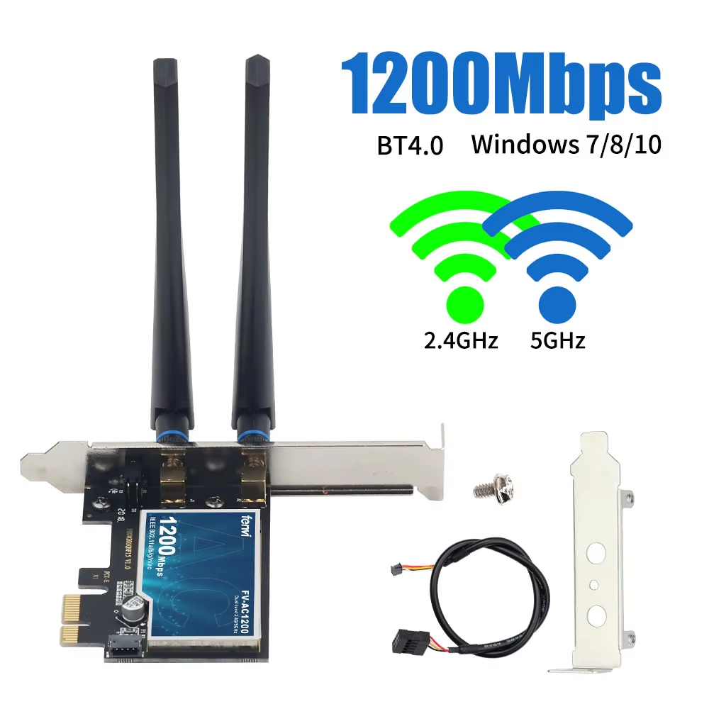 Scheda di rete FENVI WiFi 5 PCI-E AC1200 Dual Band 1200Mbps 2.4G/5GHz 802.11AC con Bluetooth 4.0 per desktop Windows 10/11 Linux