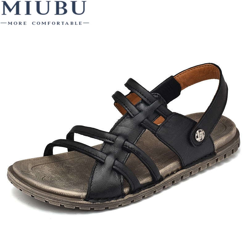 Miubu tøfler tilfeldig flate herre sandaler sommer utendørs svarte strandsko slides tåløkke menn myk stropp skinn