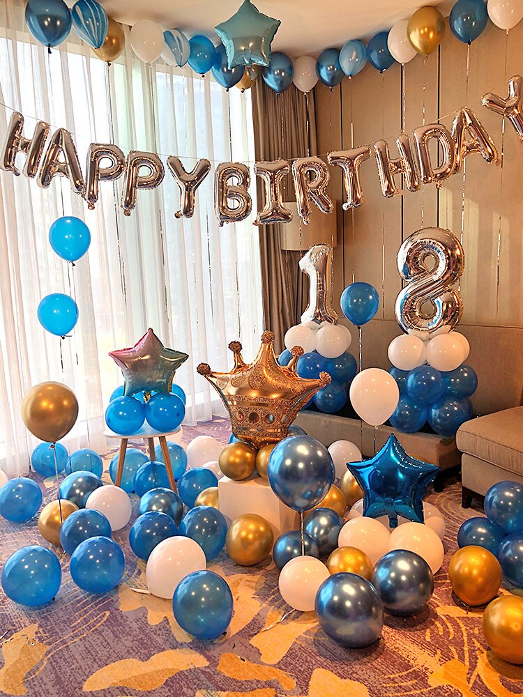 Junge Glücklich Geburtstag Party Dekoration Ballon Zehn Jahre 10 Jahre Alt 12 Jungen Party Szene Layout Hintergrund Wand Requisiten
