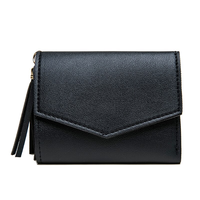 Trend Women Short Small Coin Purse Wallet Ladies PU Leather Folding Card Card Holder Tassel Decor Casual Bags: Black