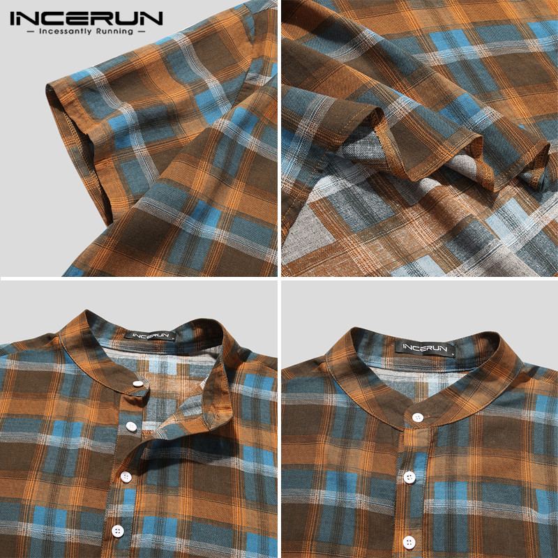 Chemisier en coton à boutons pour homme, Vintage, manches courtes, col montant, décontracté, ample, été , S-3XL