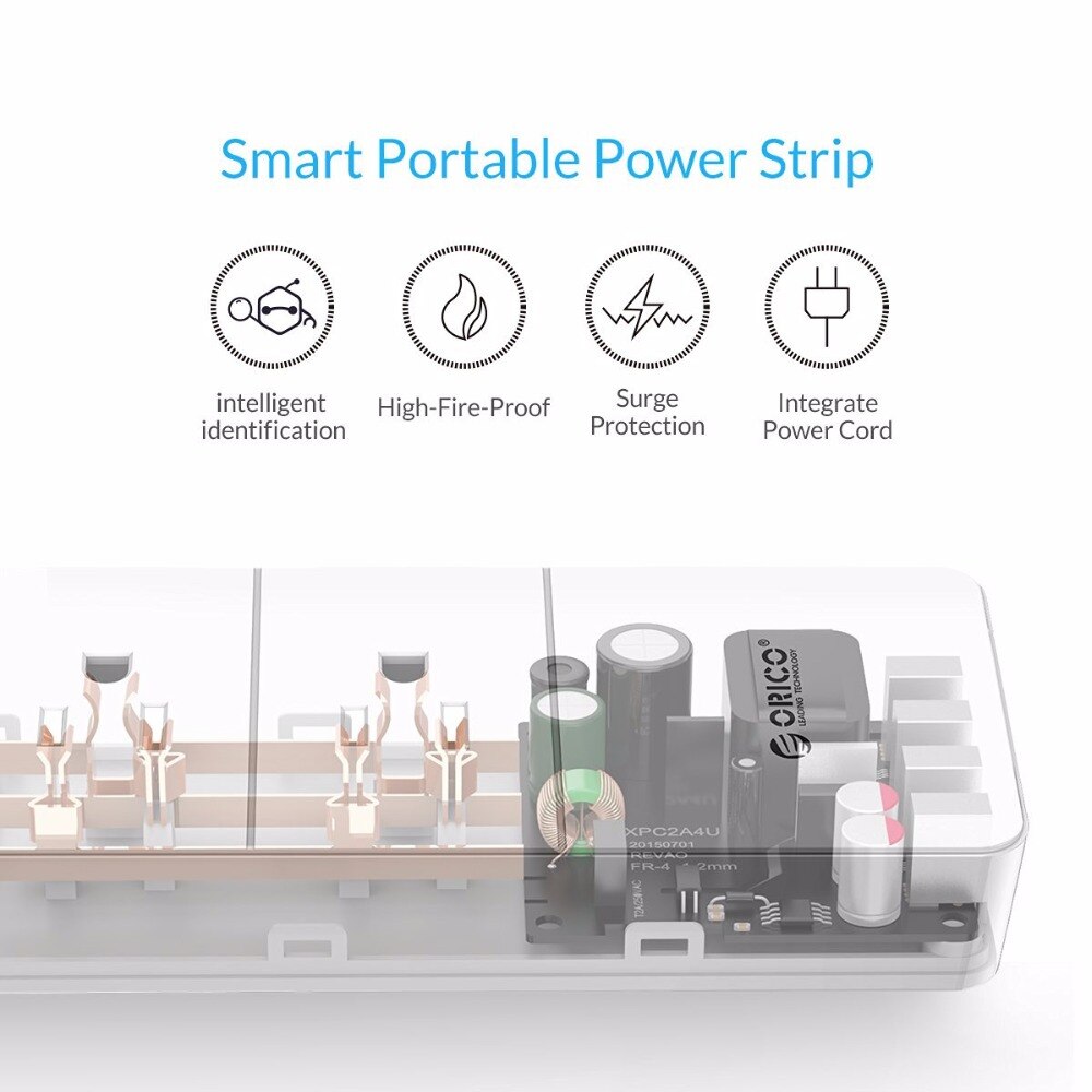Orico Power Strip - 2 AC Outlets + 4 USB Ports - 1.5m Cable - Surge Protector - White ABS