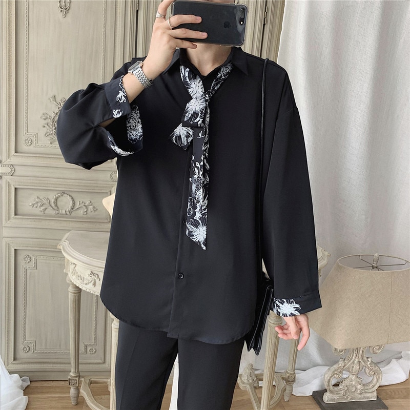 Herre skjorter patchwork solid forår koreansk stil chic fritid oversize herre outwear blødt langærmet all-match teenagere ins trendy bf