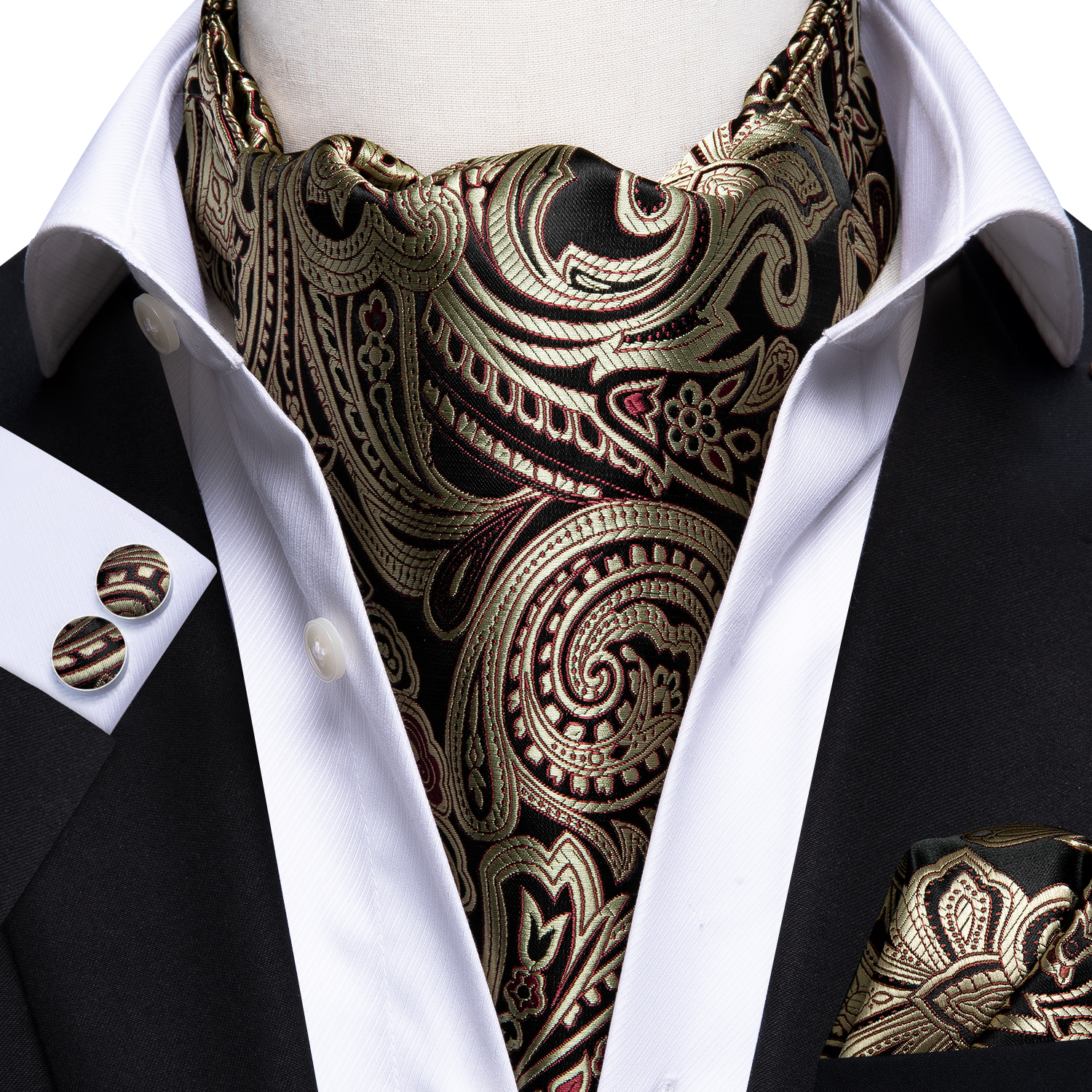 Hi-Tie Silk Mens Ascot Pocket Square Cufflinks Set Jacquard Paisley Floral Vintage Cravat Tie for Male Red Blue Green Gold Pink