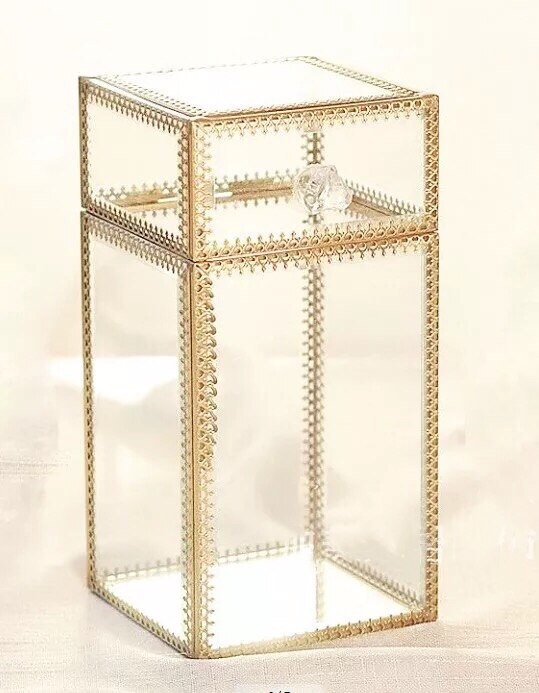 Antique Spacious Mirror Glass Cosmetic Storage Cube Set with 3 Tier Dustproof Drawers Vanity Tray/Gold Metal Makeup Storage: square