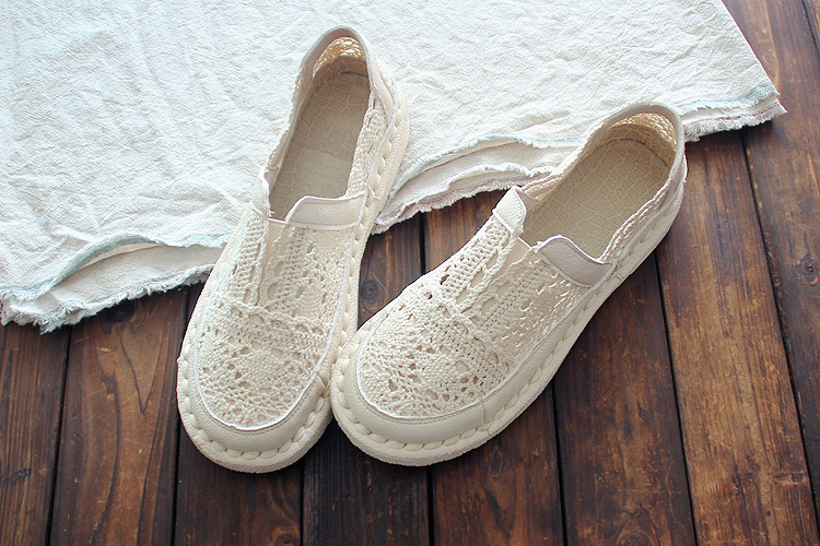 Careaymade-Pure handmade lazy shoes,lace hook Ladies flower casual shoes ,Sweet art comfortable breathable flat shoes,3colors: Beige / 7