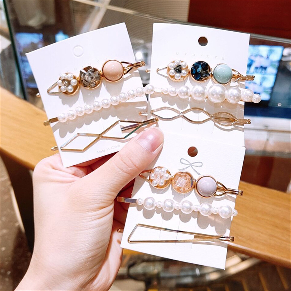 3 unids/set de pinzas para el cabello con diamantes de imitación y perlas para mujer, horquilla con flequillo geométrico ahuecado, accesorios para el cabello para niñas