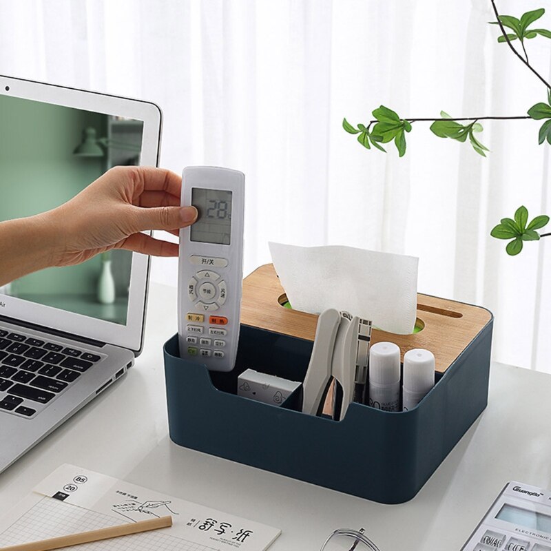 Plastic Tissue Box Bamboo Cover Napkin Paper Dispenser Organizer Cosmetic Storage Remote Control Container for Office
