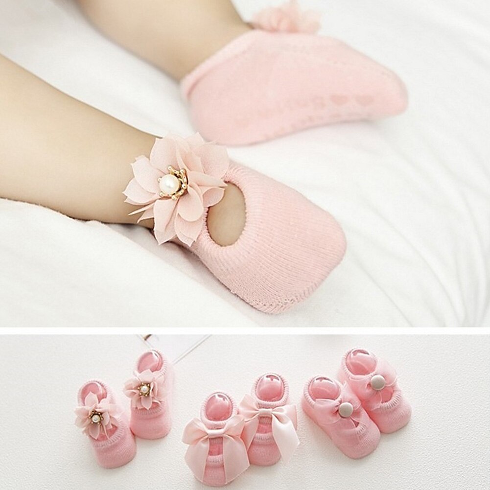 Baby Boat Bow Tie Cotton Socks Hole Girls Slippery Floor Lace Flower