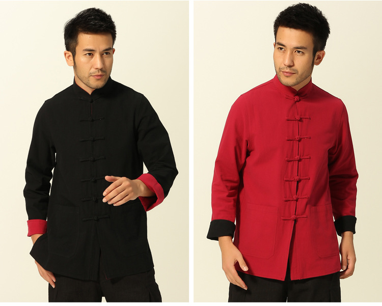 Hommes chinois traditionnel Tang costume veste réversible Wu Shu vêtements manches longues Kung Fu Wing Chun chemise 2 faces: black red / L