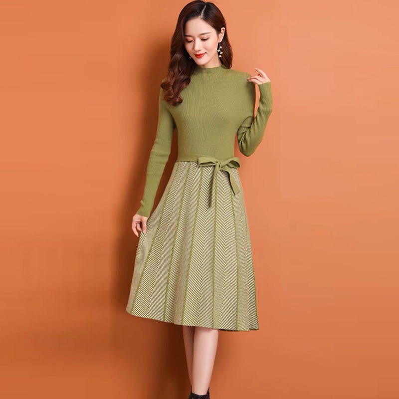 Knitted Sweater Pleated Dress Female Autumn Winter Dress Long Sleeve Sweater Women Dress Office Lady Casual Midi Dress