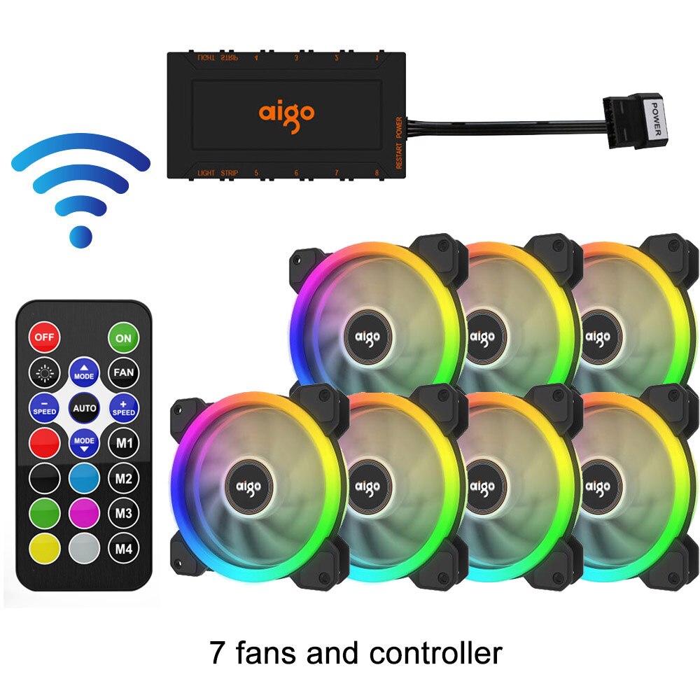 Aigo DR12 RGB Fan 120mm IR Remote Adjust Color Quiet PC Case Sets Cooling Fan CPU Cooler Gaming Case Controller Max 8fans: 7 fans and IR Remote