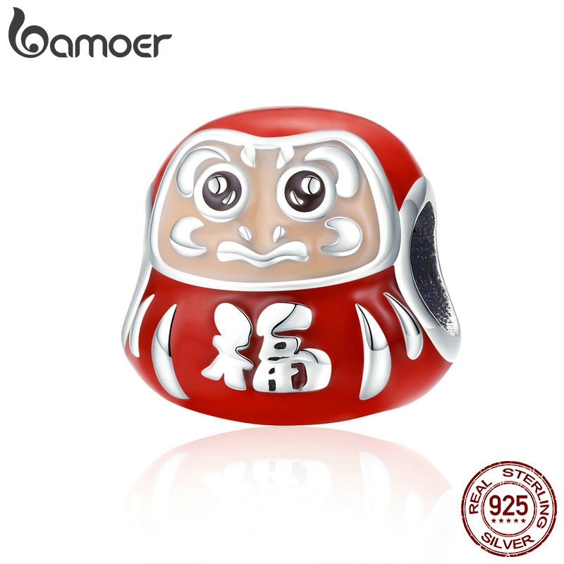 Bamoer 100% 925 Sterling Zilveren Japan Daruma Rode Emaille Kralen Fit Charms Vrouwen Armbanden Sieraden Maken SCC1087