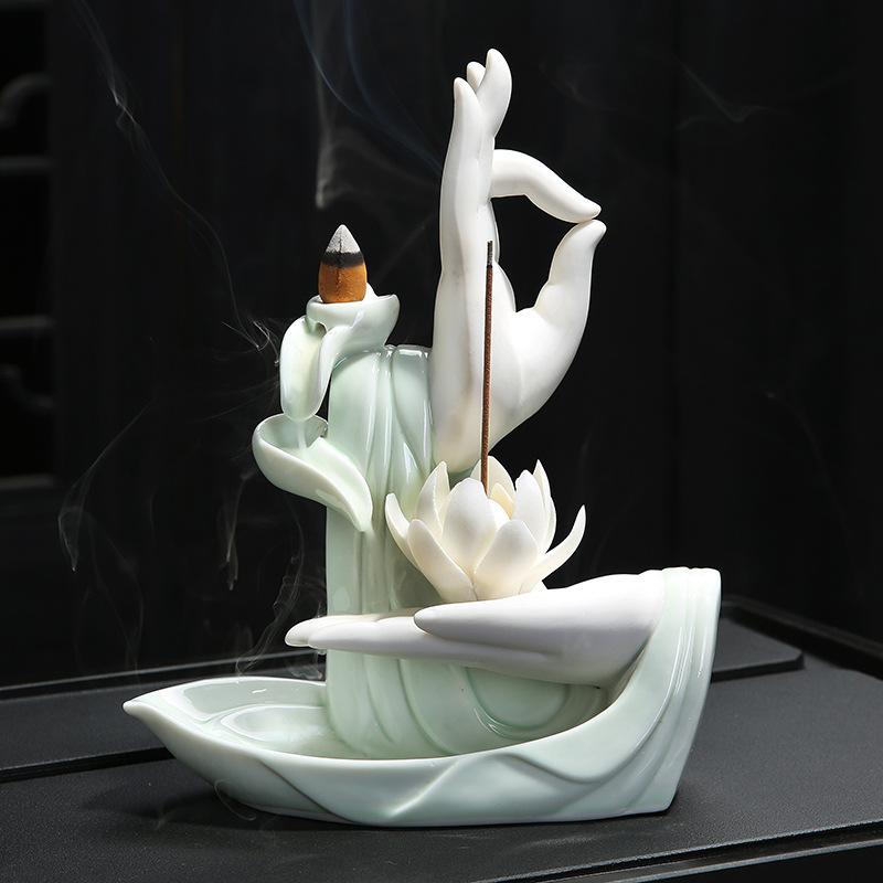 Buda de cerámica blanco quemador de incienso de mano cascada de humo soporte de incienso flor de loto palo incensario decoración budista: 1