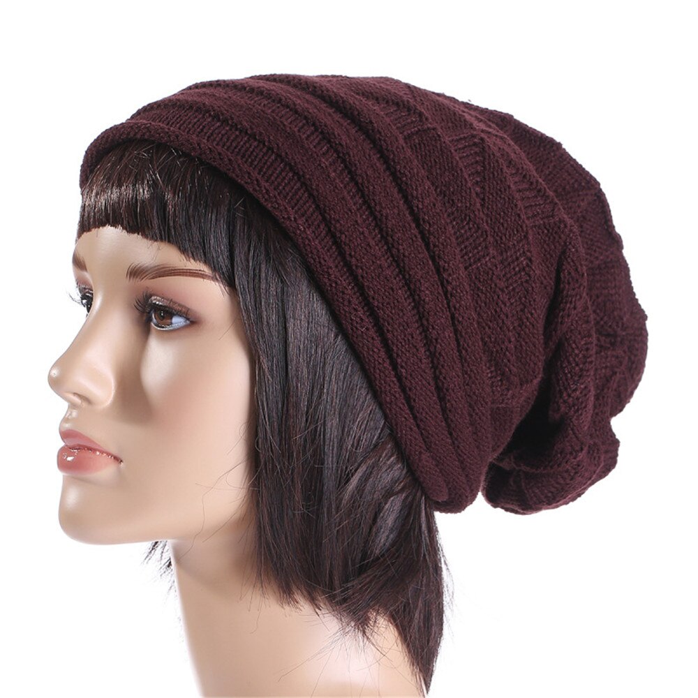 Mænd kvinder hue hue strik skihue vinter varm løs uldhue kvinde mandlige skullies elastiske baggy hæklede kasketter: Kaffe
