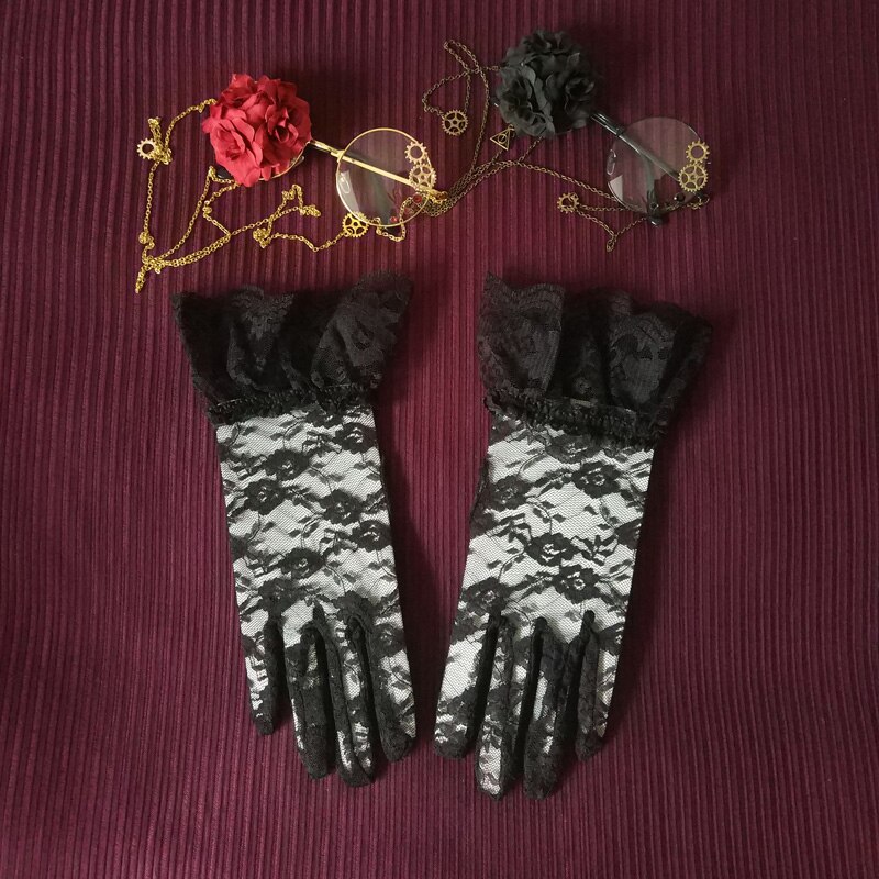 Guantes de encaje Retro para mujer, guantes de novia blancos oscuros góticos, accesorios de Lolita para sesión de fotos y fotos: Black