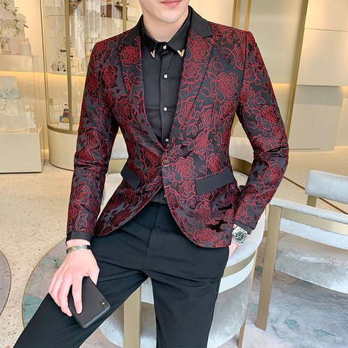 Classic Jacquard Suit Men Jacket Slim Business Banquet Men Blazer Jacket Asian Size S M XXXL 5XL Flower Dress Suit Men: red    X18 / Asian size  XXXL
