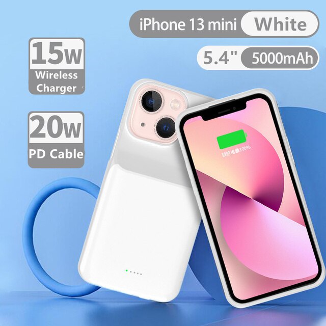 Backup Powerbank Cover Voor Iphone 13 Pro Max 13 Mini Draadloze Opladen Batterij Charger Cases Externe Batterij Snel Opladen Case: 13 mini White