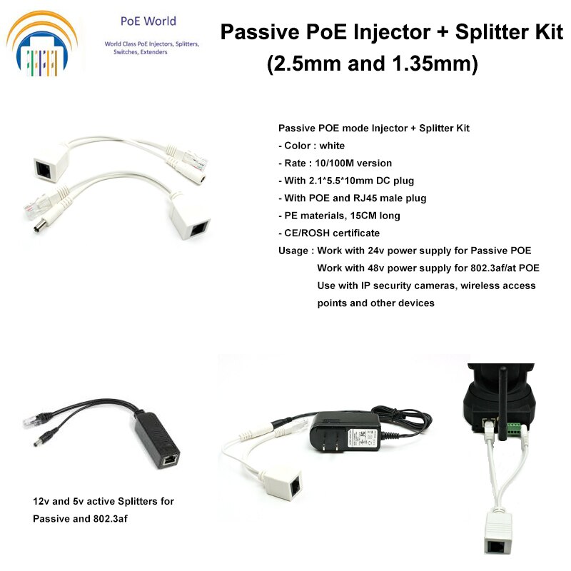 Poe kabel poe kabel passiv strøm over ethernet adapter kabel poe splitter injektor strømforsyningsmodul 12-48v for ip kamera