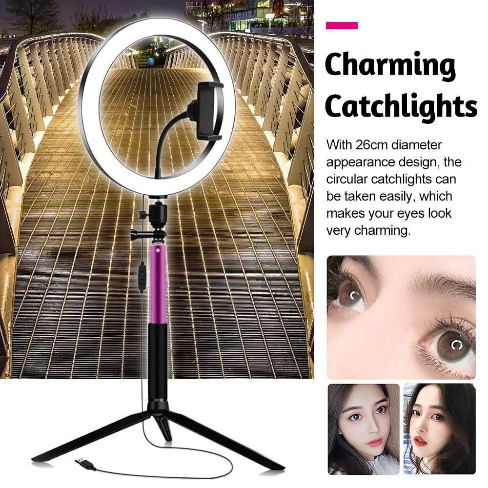 10 Inch Dimmable LED Studio Camera Ring Light Photo Phone Video Light with Ball Head Phone Holder Tabletop Tripod Selfie Stick
