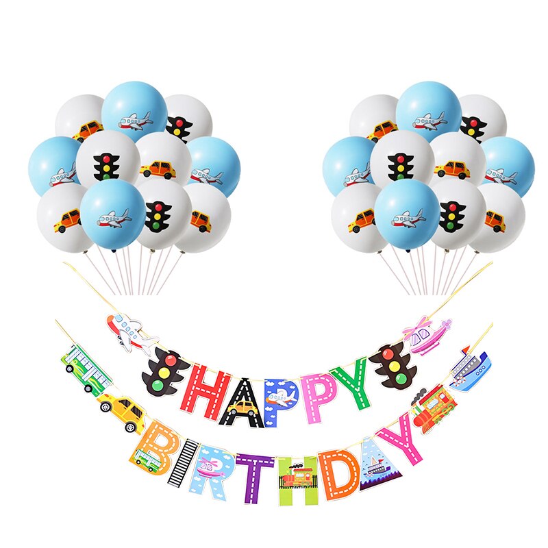 Conjunto de cartel de feliz cumpleaños para niños, Set de decoración de cumpleaños, avión, barco, transportador, guirnaldas de pancarta, globo, Temática de tráfico