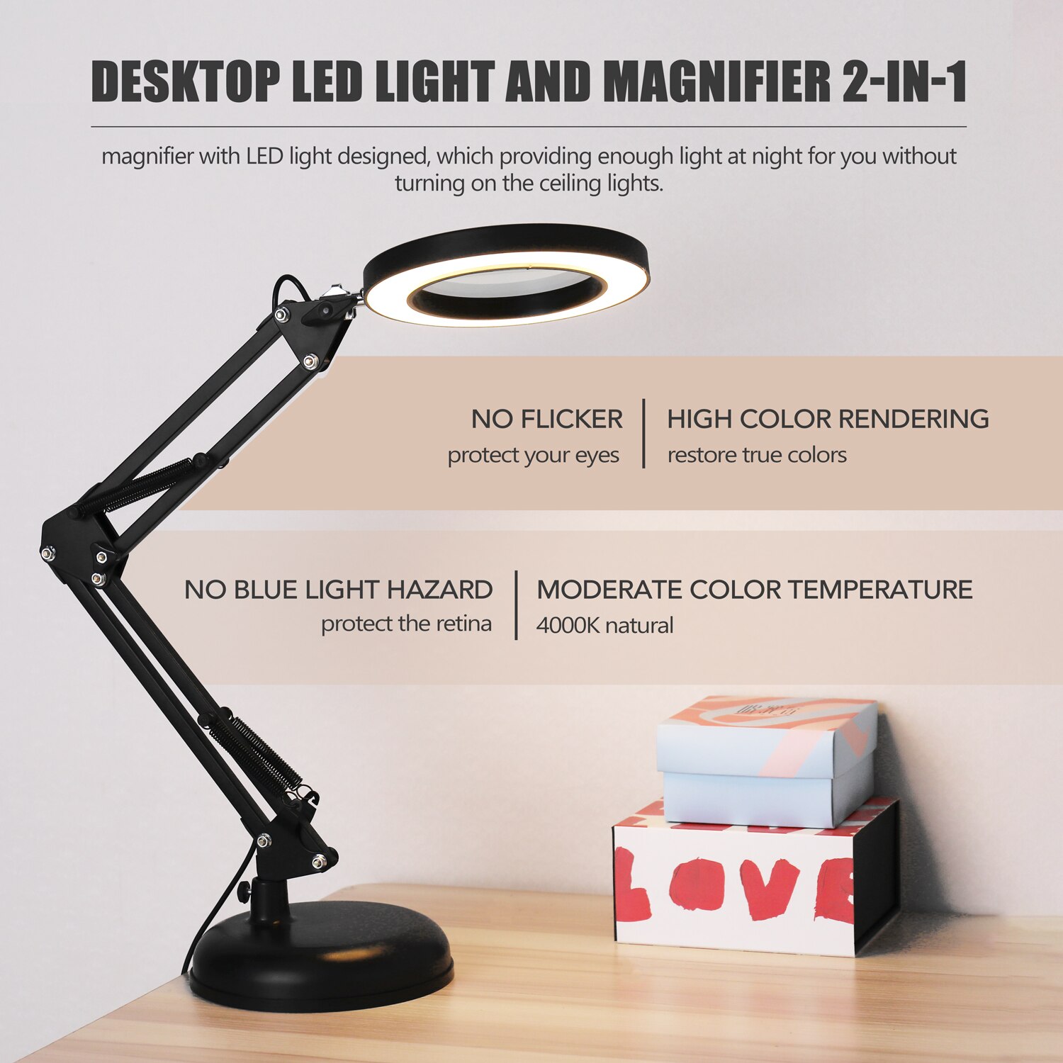 5X Magnifying Glass Desk Lamp Magnifier LED Light Foldable Reading Lamp with Three Dimming Modes USB Power Supply