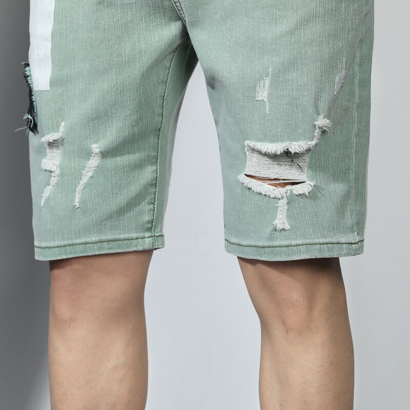 Summer Selling Male Jeans Shorts Green Stitching Embroidery Ripped Hole Denim Shorts Men's Clothing