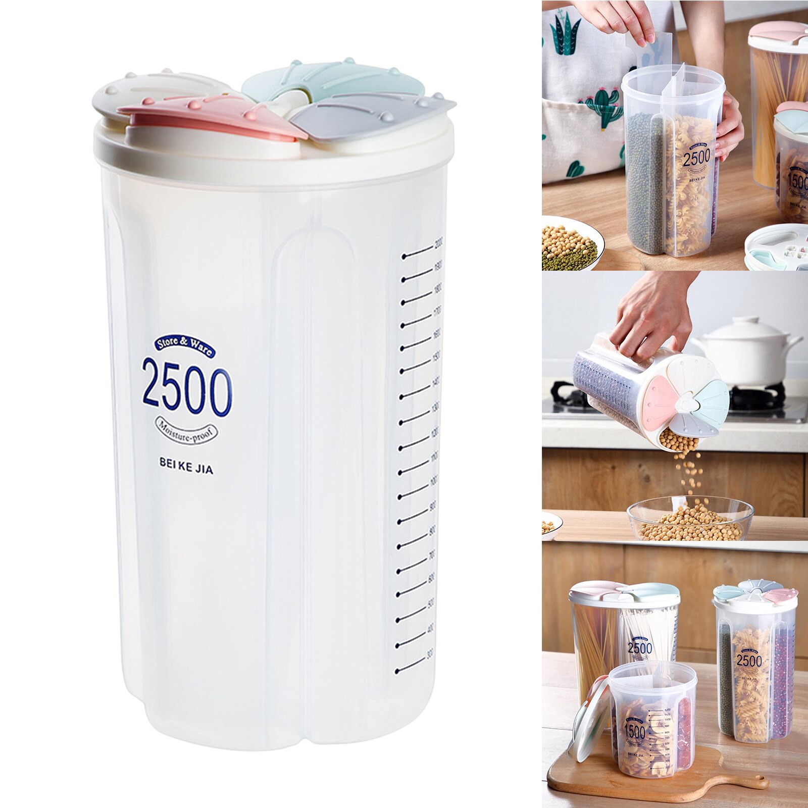 1pc Food Storage Containers - Cereal &amp; Dry Food Storage Containers for Sugar, Flour, Snack, Baking Supplies: 4 Grid 2500ml