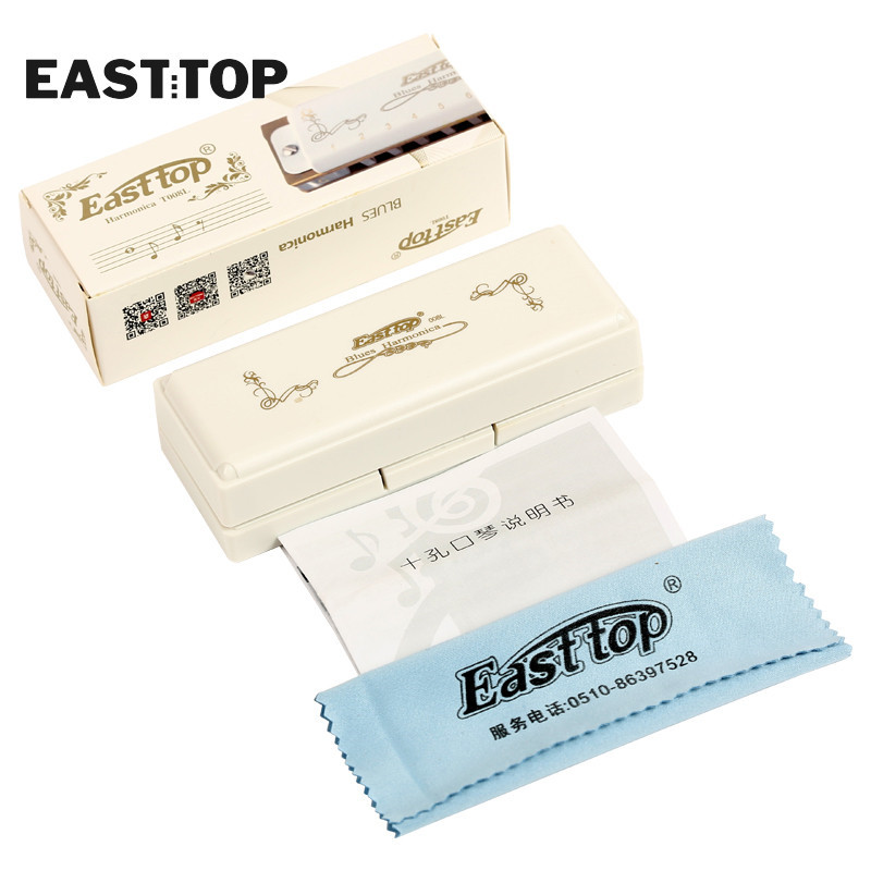 EASTTOP T008L Diatonic Blues Harmonica Key of D 10 Holes Harp Mouth Organ Harmonica with White Cover for Adults Professionals